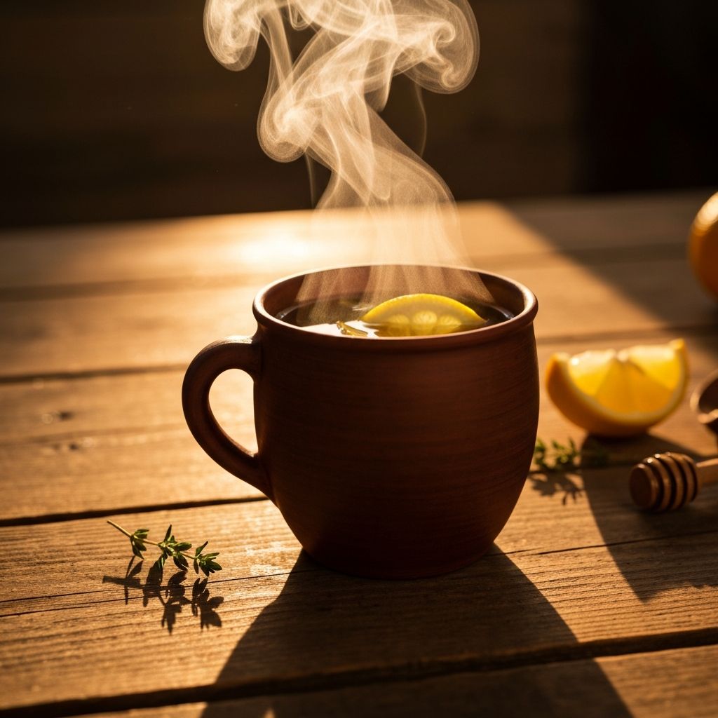 Natural cold and flu remedies with herbal tea, honey, and healing ingredients on wooden table