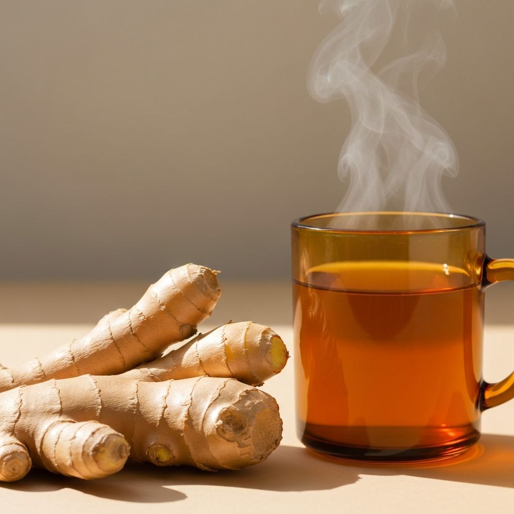 Fresh ginger root and tea showcasing digestive health and immune-boosting benefits