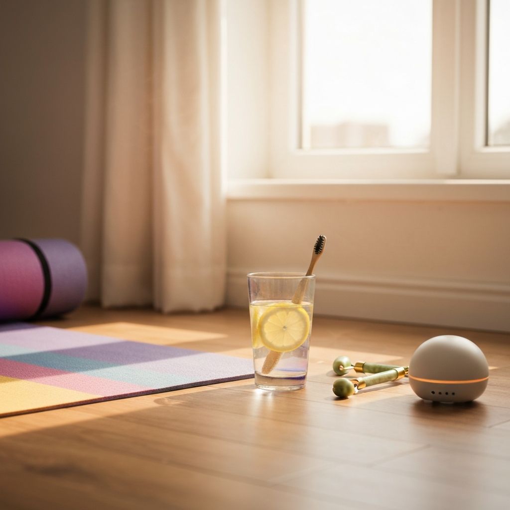 Healthy morning routine setup with yoga mat, lemon water, and wellness essentials for daily health