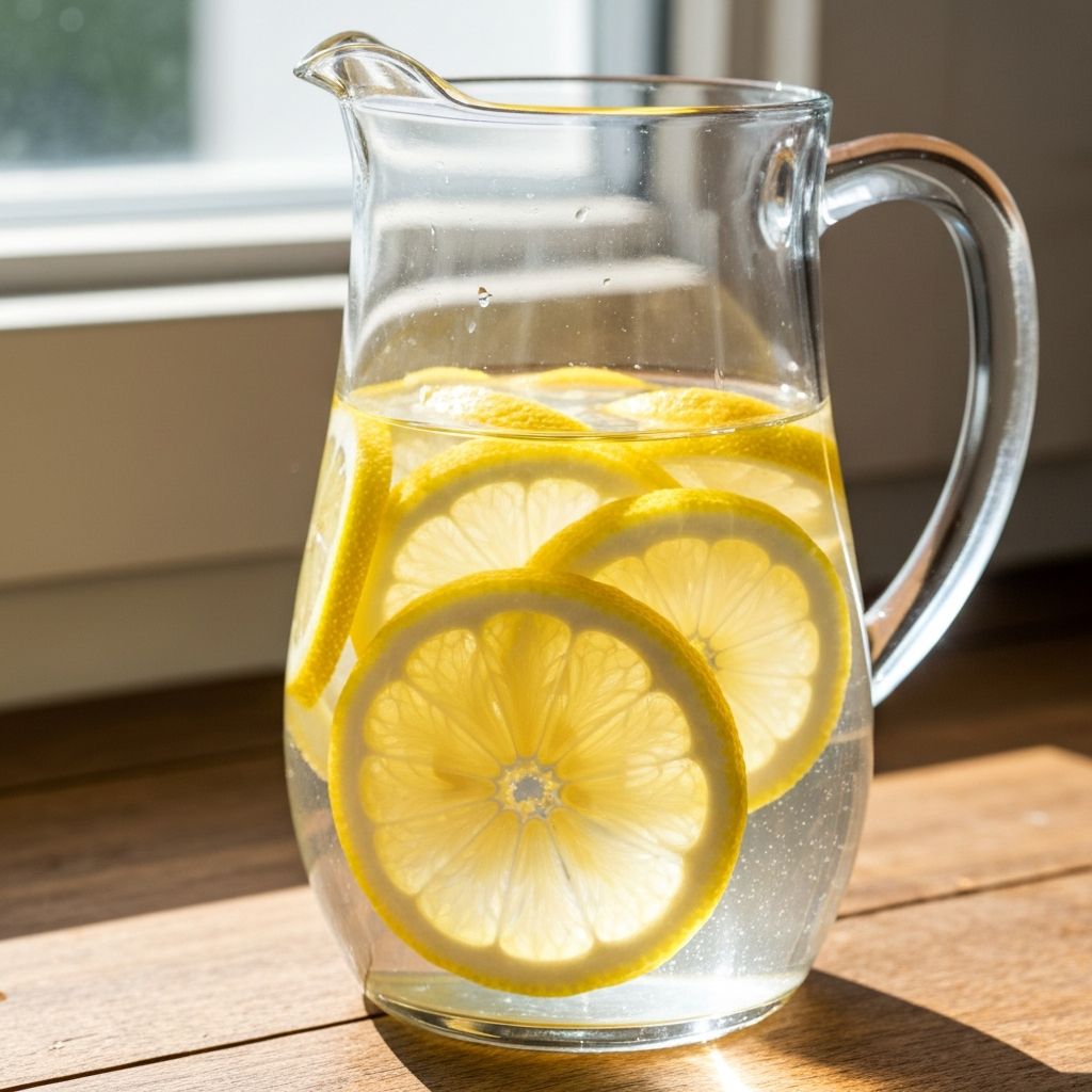 Fresh lemon water with sliced lemons in glass pitcher, healthy detox drink for vitamin C benefits
